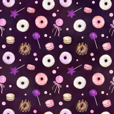 Suluboya donutları, badem kurabiyeleri ve koyu arkaplanda şekerleri olan kusursuz bir desen. El çizimi suluboya çizimi.