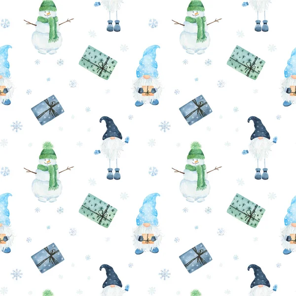 Watercolor Christmas pattern with snowman, scandinavian gnomes, giftes and snowflakes isolated on white background. Hand drawn watercolor illustration. Can be used for wrapping paper, textile, wallpaper, cards.