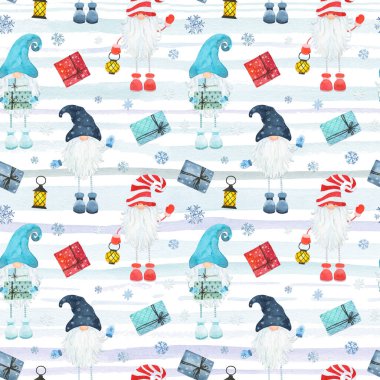 İskandinav cüceleri ve çizgili arka planda hediyeler olan suluboya Noel desenleri. El çizimi suluboya çizimi. Paket kağıdı, tekstil, duvar kağıdı, kartlar için kullanılabilir.