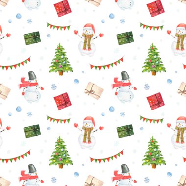 Kardan adamla suluboya Noel deseni, beyaz arka planda izole edilmiş hediyeler ve kar taneleri. El çizimi suluboya çizimi. Paket kağıdı, tekstil, duvar kağıdı, kartlar için kullanılabilir.