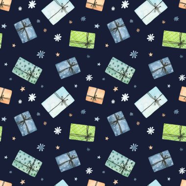 Karanlık arka planda izole edilmiş mevcut kutuları olan suluboya noel desenleri. Ambalaj kağıdı, tekstil, duvar kağıdı, kartlar için kullanılabilir. Suluboya el çizimi çizimi.