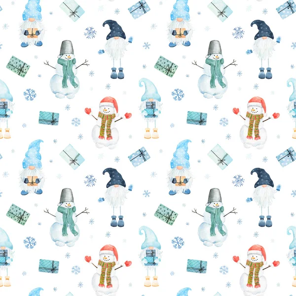 Watercolor Christmas pattern with snowman, scandinavian gnomes, giftes and snowflakes isolated on white background. Can be used for wrapping paper, textile, wallpaper, cards.