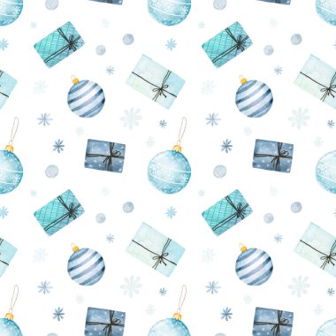 Suluboya Noel desenleri, beyaz arka planda izole edilmiş mevcut kutular ve noel topları. Paket kağıdı, tekstil, duvar kağıdı, kartlar için kullanılabilir.  