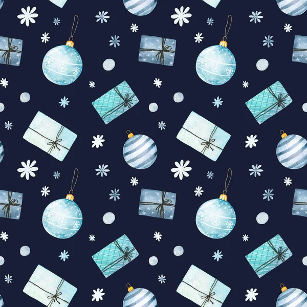 Watercolor christmas seamless pattern with present boxes and christmas balls isolated on dark background. Can be used for wrapping paper, textile, wallpaper, cards.