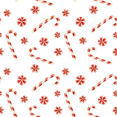 Beyaz arka planda izole edilmiş suluboya noel şekerleri ile kusursuz desen. Noel dekoratif öğeleri. El çizimi suluboya çizimi.