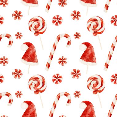 Beyaz arka planda izole edilmiş suluboya noel şekerleri ile kusursuz desen. Noel dekoratif öğeleri. El çizimi suluboya çizimi.
