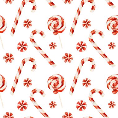 Beyaz arka planda izole edilmiş suluboya noel şekerleri ile kusursuz desen. Noel dekoratif öğeleri. El çizimi suluboya çizimi.