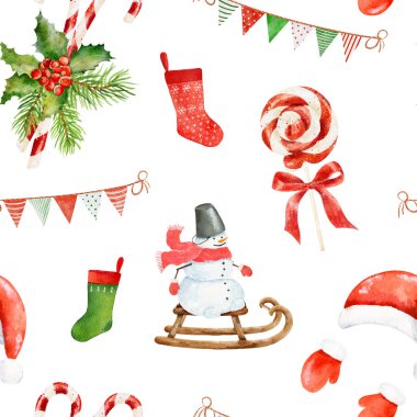 Kardan adam, şeker kamışı, Holly ve beyaz arka planda izole edilmiş diğer Noel elementleriyle suluboya Noel deseni. El çizimi suluboya çizimi. Paket kağıdı, tekstil, duvar kağıdı, kartlar için kullanılabilir.