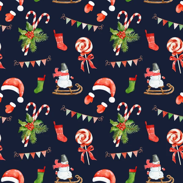 Watercolor Christmas pattern with snowman, candy cane, holly and other christmas elements isolated on dark background. Hand drawn watercolor illustration. Can be used for wrapping paper, textile, wallpaper, cards.