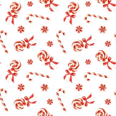 Beyaz arka planda izole edilmiş suluboya noel şekerleri ile kusursuz desen. Noel dekoratif öğeleri. El çizimi suluboya çizimi.