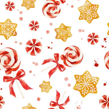 Beyaz arka planda suluboya Noel şekerlemeleri ve zencefilli kurabiye izole edilmiş kusursuz desen. Noel dekoratif öğeleri. El çizimi suluboya çizimi.