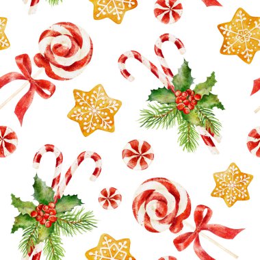 Beyaz arka planda suluboya Noel şekerlemeleri, kutsal ve zencefilli kurabiye izole edilmiş. Noel dekoratif öğeleri. El çizimi suluboya çizimi.