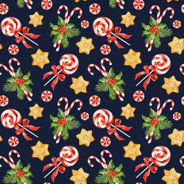 Suluboya Noel şekerlemeleri, kutsal ve zencefilli kurabiyelerin koyu arka planda izole edildiği kusursuz desenler. Noel dekoratif öğeleri. El çizimi suluboya çizimi.