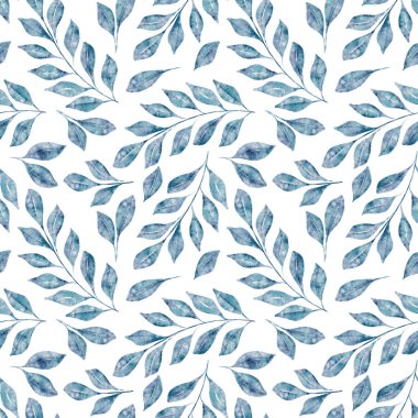 Çiçeksiz suluboya desenli mavi yapraklar ve beyaz arka planda izole dallar. Tasarım kâğıdı, ambalaj kağıdı, tekstil, kalıp dolguları için kullanılabilir. El çizimi suluboya çizimi.