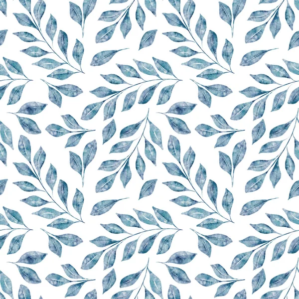Watercolor floral seamless pattern with blue leaves and branches isolated on white background. Can be used for design scrap book paper, wrapping paper, textile, pattern fills. Hand drawn watercolor illustration.