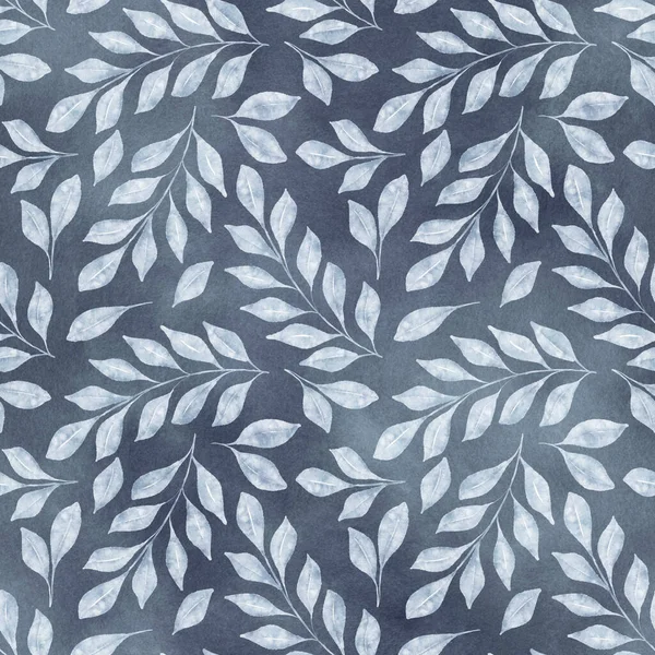 Watercolor floral seamless pattern with blue leaves and branches on dark blue background. Can be used for design scrap book paper, wrapping paper, textile, pattern fills. Hand drawn watercolor illustration.