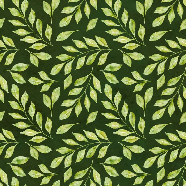 Watercolor floral seamless pattern with green leaves and branches on dark green background. Can be used for design scrap book paper, wrapping paper, textile, pattern fills. Hand drawn watercolor illustration.