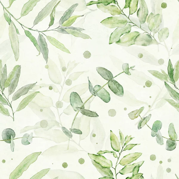 Watercolor Seamless Floral Pattern Green Leaves Light Green Background Can — Stock Photo, Image