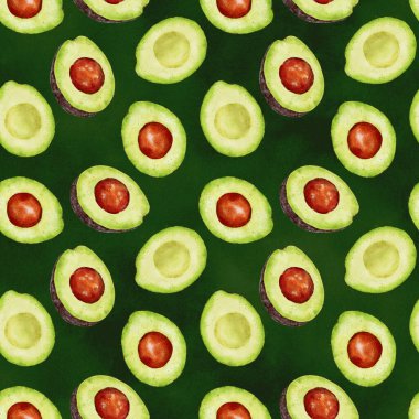 Koyu yeşil arka planda avokado olan suluboya desenli. El çizimi suluboya çizimi. Tekstil, ambalaj kağıdı, tasarım hurda defteri, davetiyeler, web siteleri ve diğer şeyler için kullanılabilir.