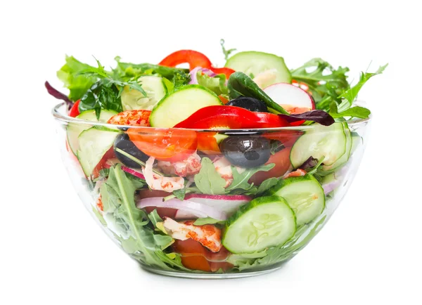 Salad with fresh vegetables, olives and shrimp isolated on white — Stock Photo, Image