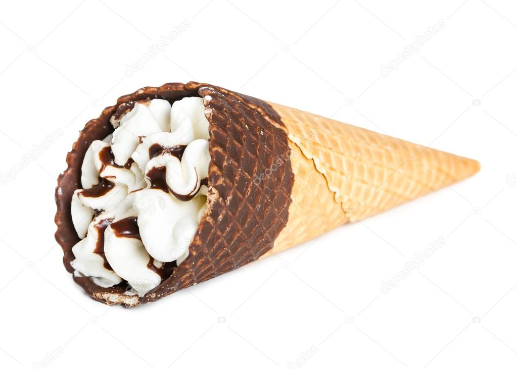 Ice cream cone with chocolate syrup 