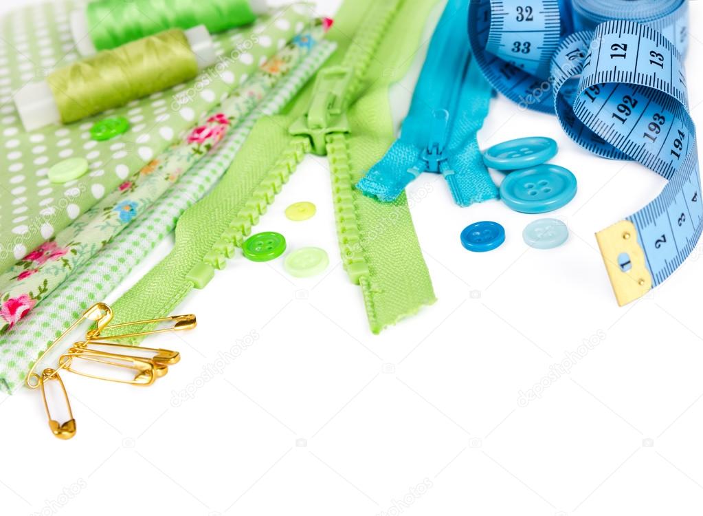 Accessories for sewing - fabric, pins, zipper, thread, buttons a