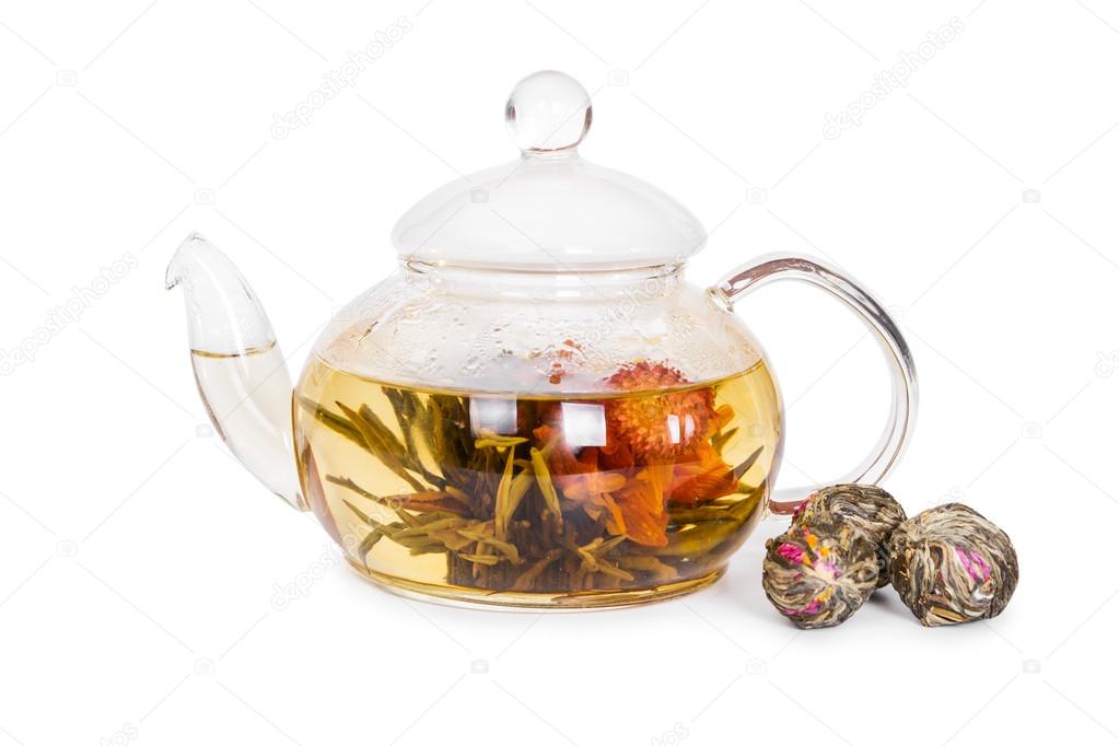Chinese flowering tea in a glass teapot 