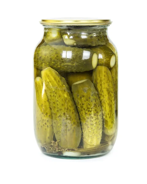 Pickled cucumbers in a glass jar — Stock Photo, Image