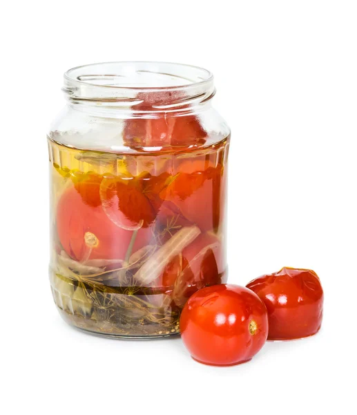 Open jar of pickled tomatoes — Stock Image Open jar of pickled tomatoes Stock Photo