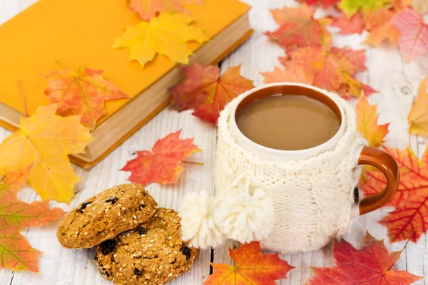 Cup of coffee and oatmeal cookies on background with autumn leav — Stock Photo, Image