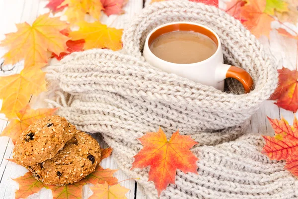 Cup of coffee and oatmeal cookies with autumn maple leaves — Stock Photo, Image