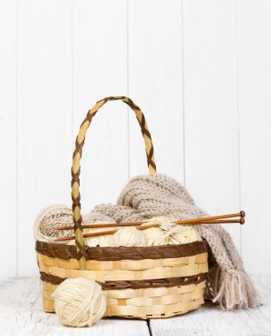 Skeins ile bir hasır sepet örme için yün iplik