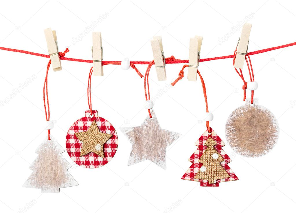 Christmas decorations hanging isolated on white
