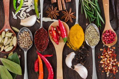 Kaşık içinde farklı kokulu baharatlar 