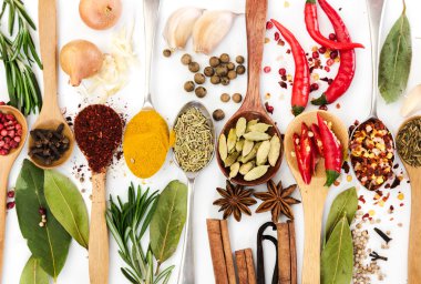 Beyaz arkaplanda kaşıklardaki baharatlar.