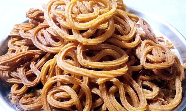 Lanche Tradicional Indiano Chakli Lanche Frito Crocante Forma Espiral Conhecido — Fotografia de Stock