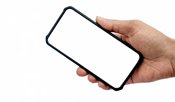 Mężczyzna Trzymający Smartfona Pustym Ekranem Białym Tle Zbliżenie Dłoni Miejsce — Zdjęcie stockowe