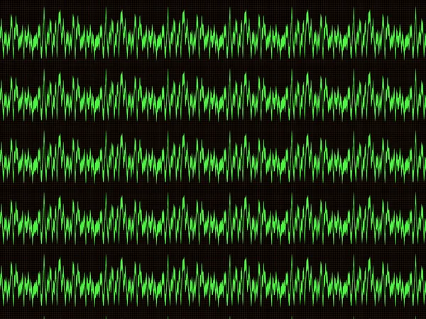 Varias formas de onda verdes horizontales en la pantalla del osciloscopio con la marca a cuadros — Foto de Stock