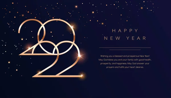 2022年新年あけましておめでとうございます 健康と繁栄の新年の願いとクリスマスと新年2022グリーティングカードのための黄金のデザイン 金と濃い青の黒のベクトルの背景 — ストックベクタ