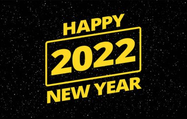Yeni yıl 2022 retro yıldız uzay temalı yaratıcı dilek kartı - Sarı tipografi - Kara gece gökyüzü arkaplanı üzerine mutlu yıllar 2022 - vektör illüstrasyon 2022