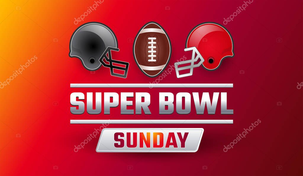 Super Bowl Sunday banner - teams gray and red helmets, football ball, Super Ball lettering on red yellow background - vector illustration