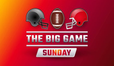 Super Bowl büyük Pazar bayrağı - Şampiyonluk kırmızı arka plan, gri ve kırmızı kasklar, futbol topu vektör illüstrasyonu