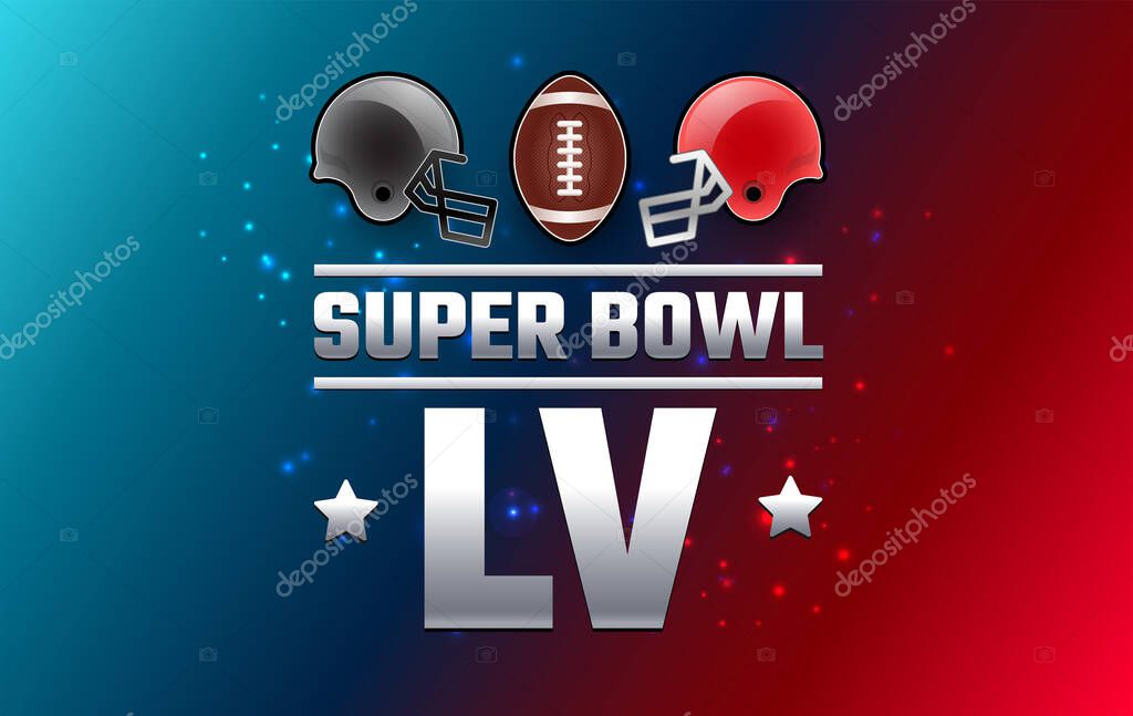 Super Bowl LV championship banner - red and gray Super Bowl teams helmets on red blue background - vector