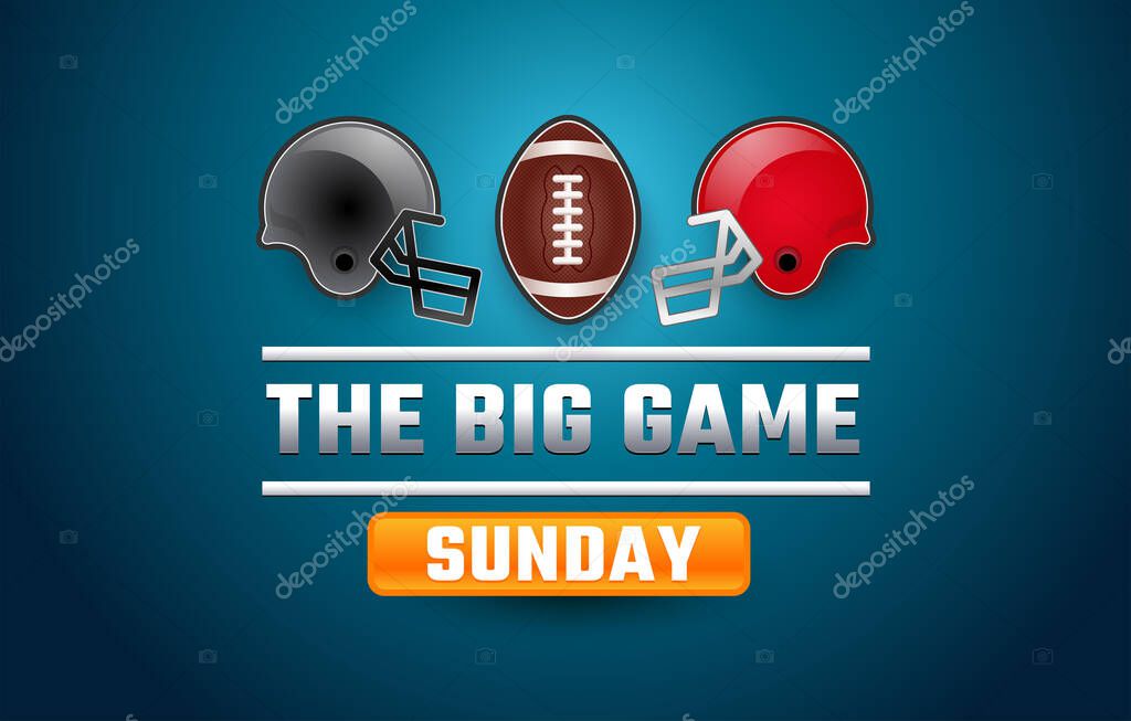 Football super big game sunday banner - gray and red helmets, football ball, blue background - bowl vector