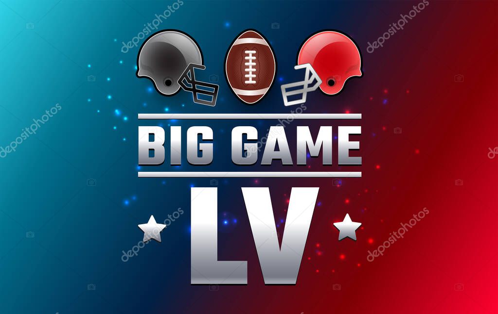 Football big game Sunday - two football helmets and football ball 2021 - red and blue background vector