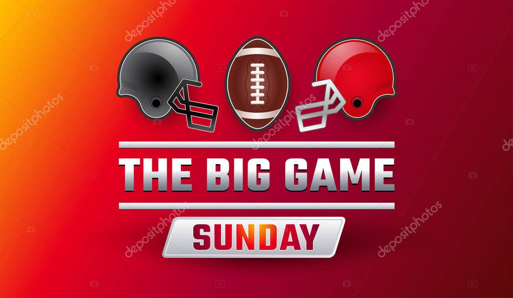 Super bowl big game sunday banner - Championship final red background, gray and red helmets, football ball vector illustration