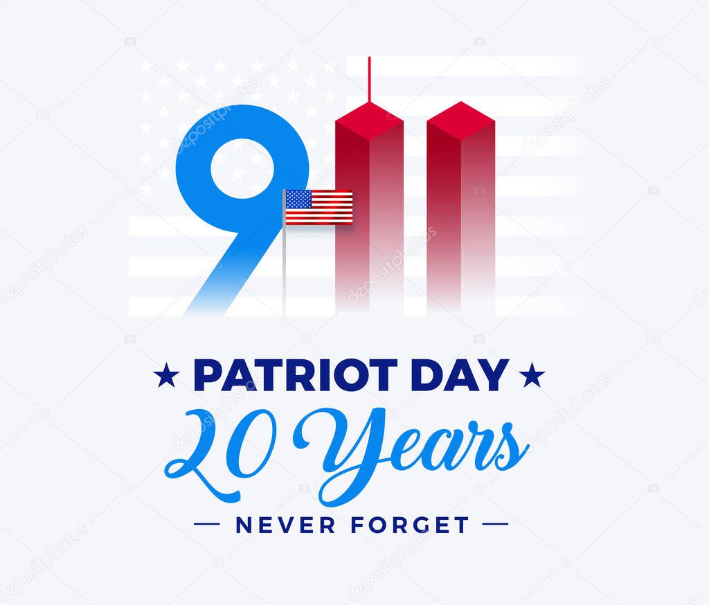 9 11 Patriot Day 20 Years Anniversary banner - 911 Text lettering with twin towers isolated on white vector background