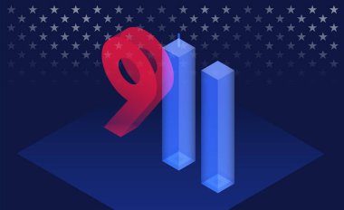 911 Anma Günü vektör illüstrasyonu koyu mavi arkaplan 3D 911 şekilli