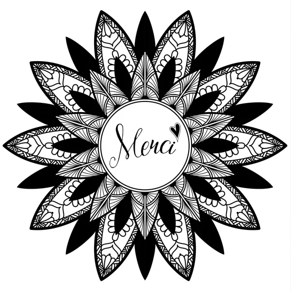 Mandala with text Merci - Thank You in english, black and white illustration — Stock Vector