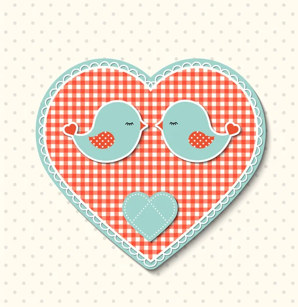 Corazón rojo con textura de lona y dos pájaros lindos, ilustración — Vector de stock